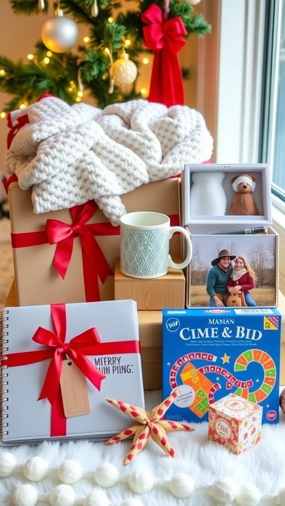 A festive display of Christmas gifts including a blanket, coffee set, photo album, and board game.